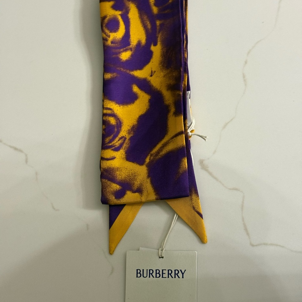 Burberry,‎ new with tags and gift box 100% silk scarf, purple and gold - Picture 5 of 8